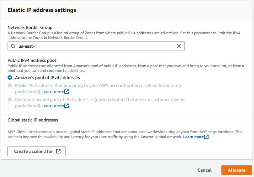 Elastic IP address settings