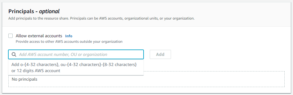 In the Principals – optional section, enter the AWS account number of the account from which you are creating your server.