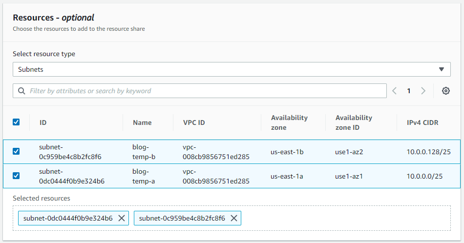 In the Resources – optional section, select Subnets from the drop-down. Check the selection boxes next to subnets in VPC
