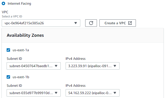 Select your Subnet ID in the left drop-down menu and one of your Elastic IPs in the right drop-down menu for each IPv4 Address