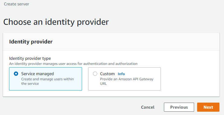 Then, for Identity provider type, select the radio button for Service managed, and select Next.