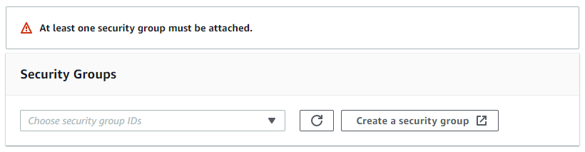 Under Security Groups, select Create a security group, which launches the Security Groups console page in a new tab.
