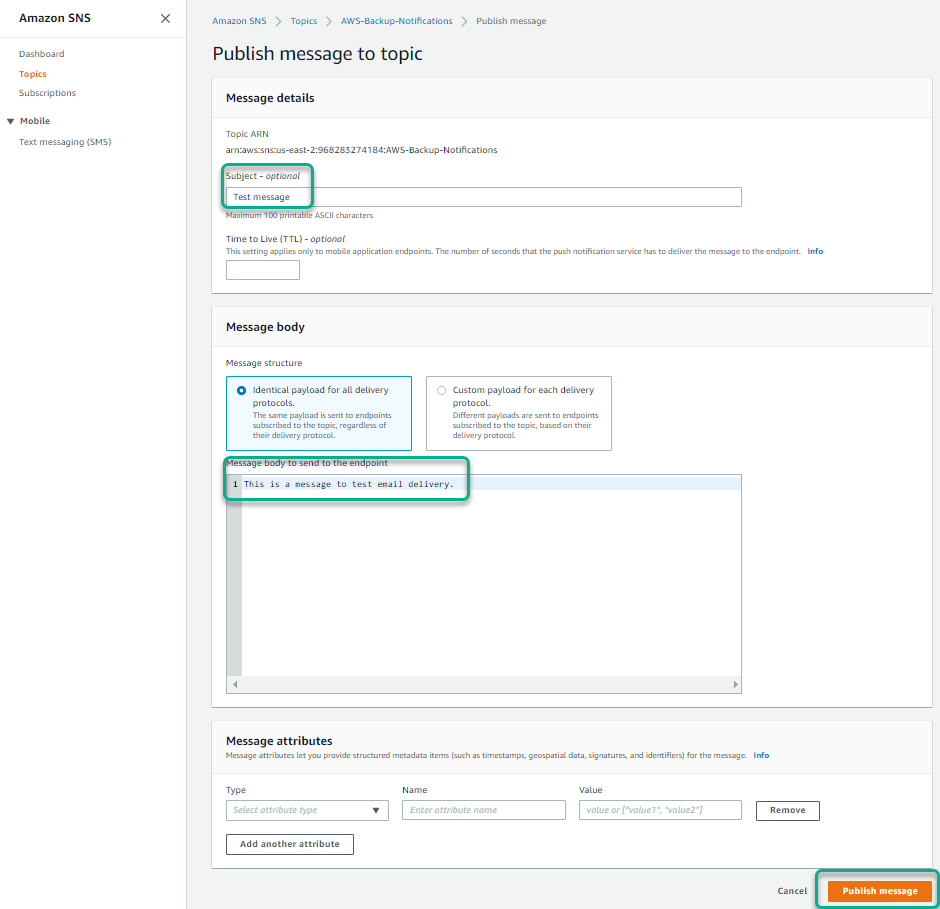 Fill in the fields in the Publish message to topic window as desired, then select Publish message.