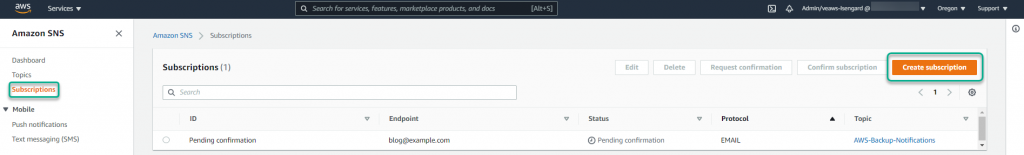 Select Subscriptions in the Amazon SNS menu on the left rail and select Create subscription