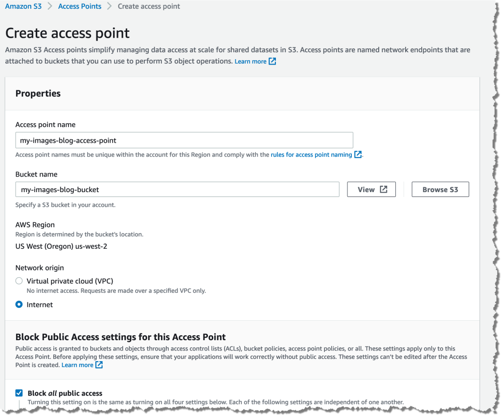 Create an Amazon S3 Access Point named my-images-blog-access-point for the my-images-blog-bucket S3 bucket. Block all public access for this Access Point