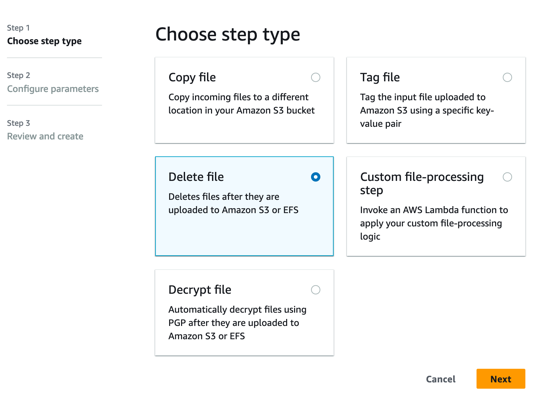 Choosing the delete file step type for your Transfer Family managed workflow.