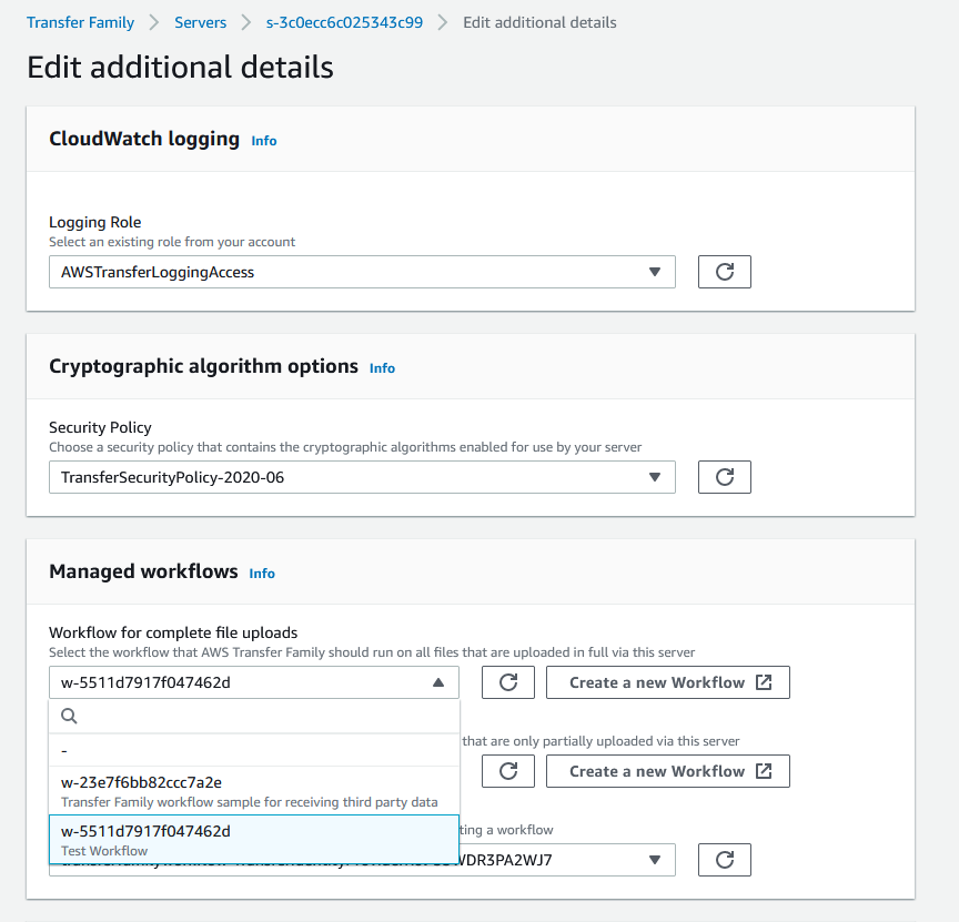 How to attach the managed workflow to an existing Transfer Family server