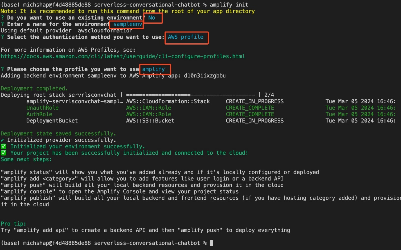 Initial AWS Amplify setup in React application: 1. Do you want to use an existing environment? No 2. Enter a name for the environment: sampleenv 3. Select the authentication method you want to use: AWS Profile 4. Please choose the profile you want to use: amplify