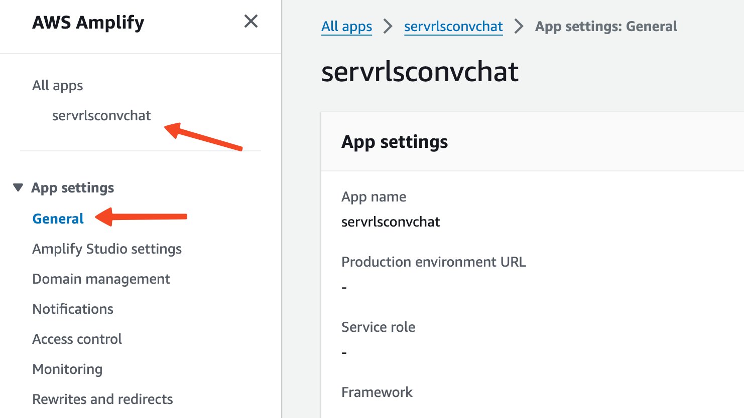 Service Role attachment to the deployed application. First step. Select the deployed application. Seelct “General” option