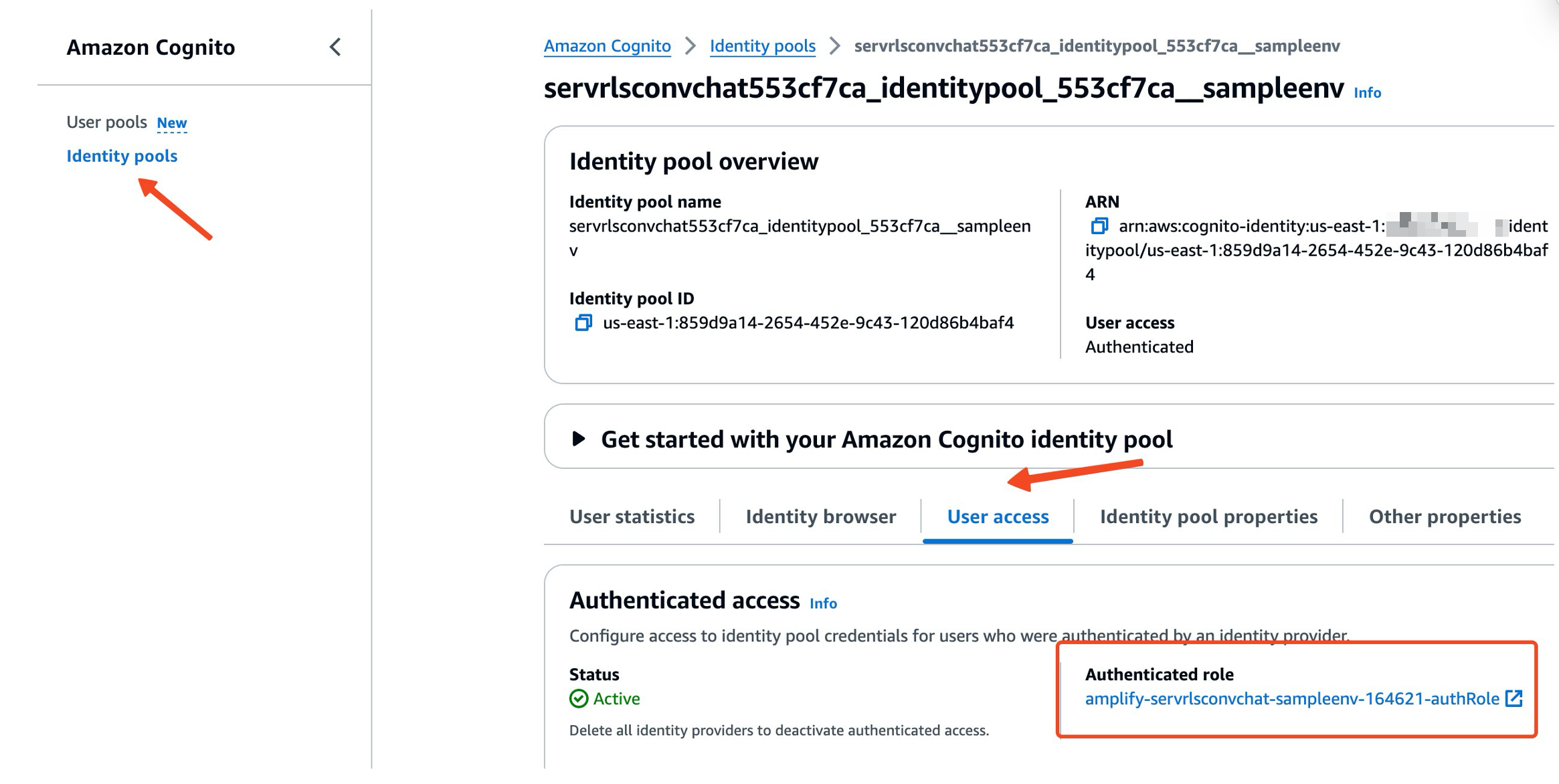 Identifying the IAM Authentication Role in the Cognitive Identity Pool. Select “Identity pools” option in the console. Select “User access” tab. Click on the link under “Authentication role”