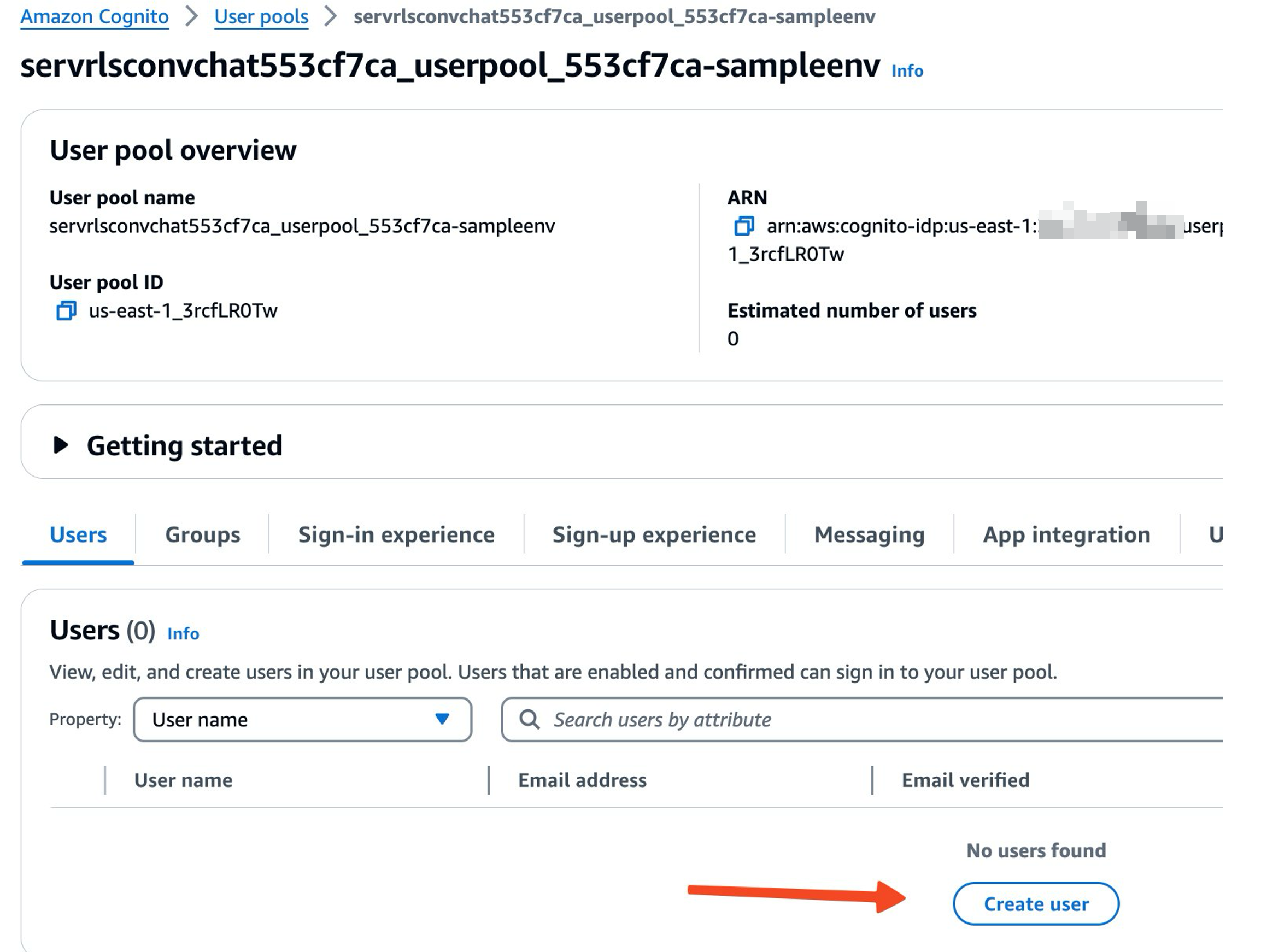 User Creation in the Cognito User Pool. Select relevant user pool in “User pools” section. Select “Users” tab. Click on “Create user” button