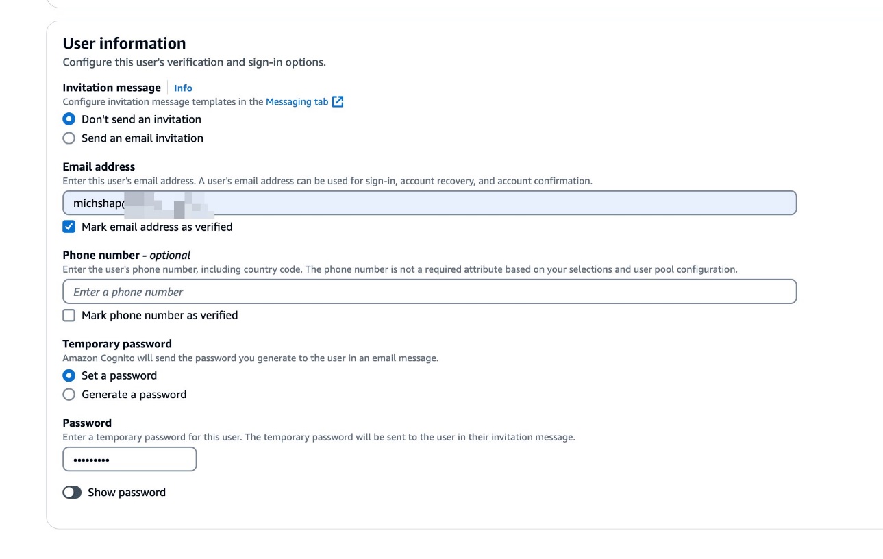Sample user definition in the Cognito User Pool. Enter email address and temporary password.