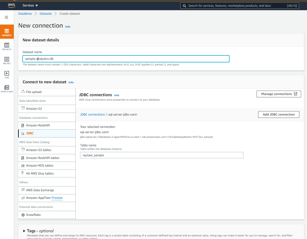 DataBrew - JDBC connection to data source