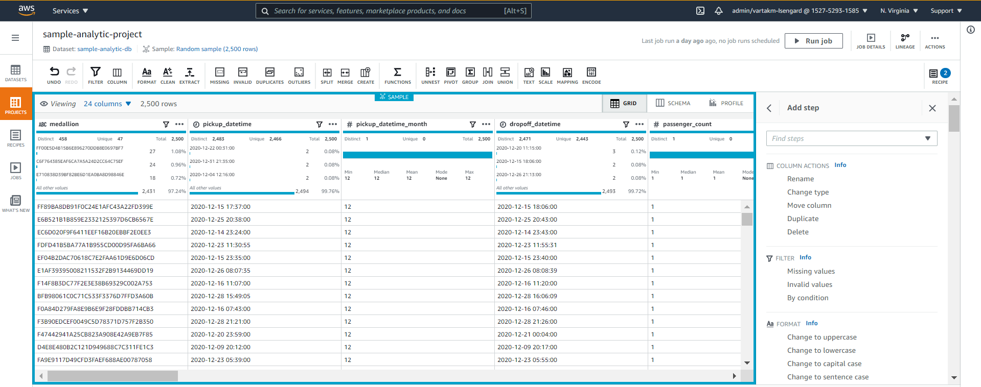 A DataBrew project user interface view with sample data and transformation functions