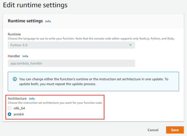 Choosing Graviton2 for AWS Lambda function in the AWS console