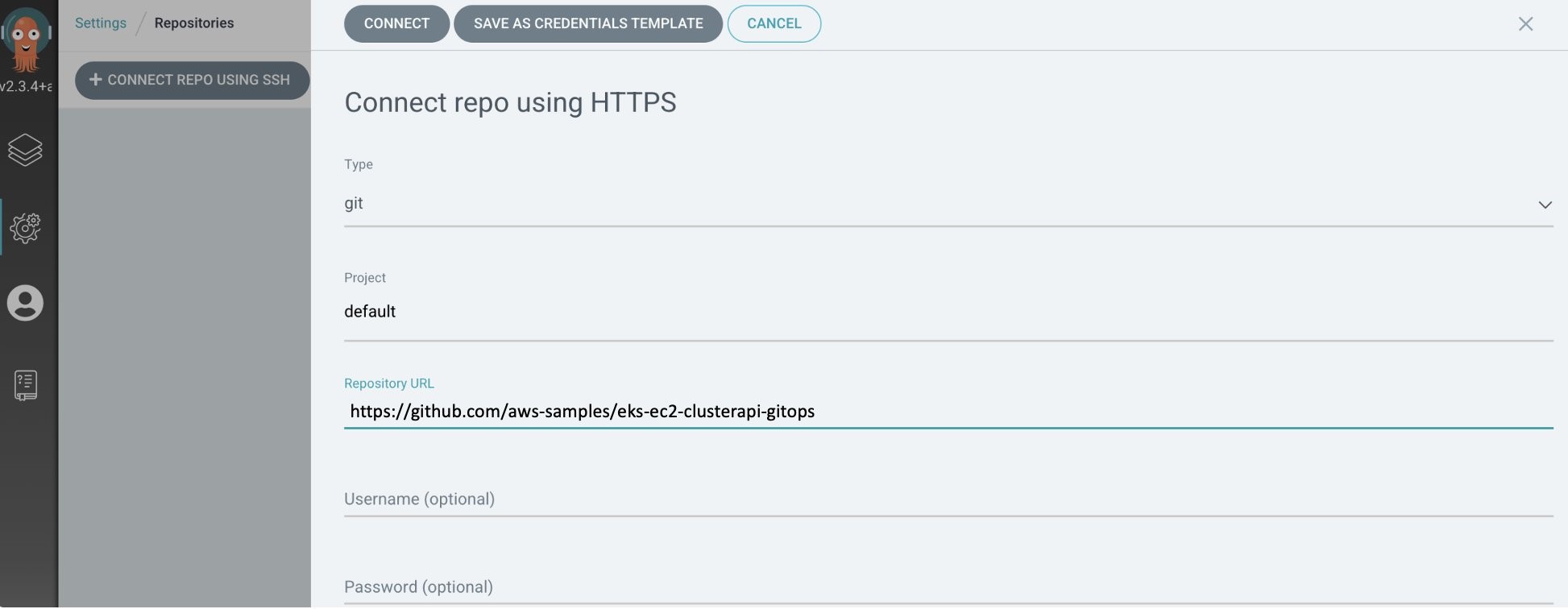 Screenshot of configuration panel for connecting to Git repo