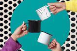 Three hands with a cup in each hand on a polka dot background