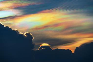 Clouds high in the atmosphere in rainbow colours like mother of pearl