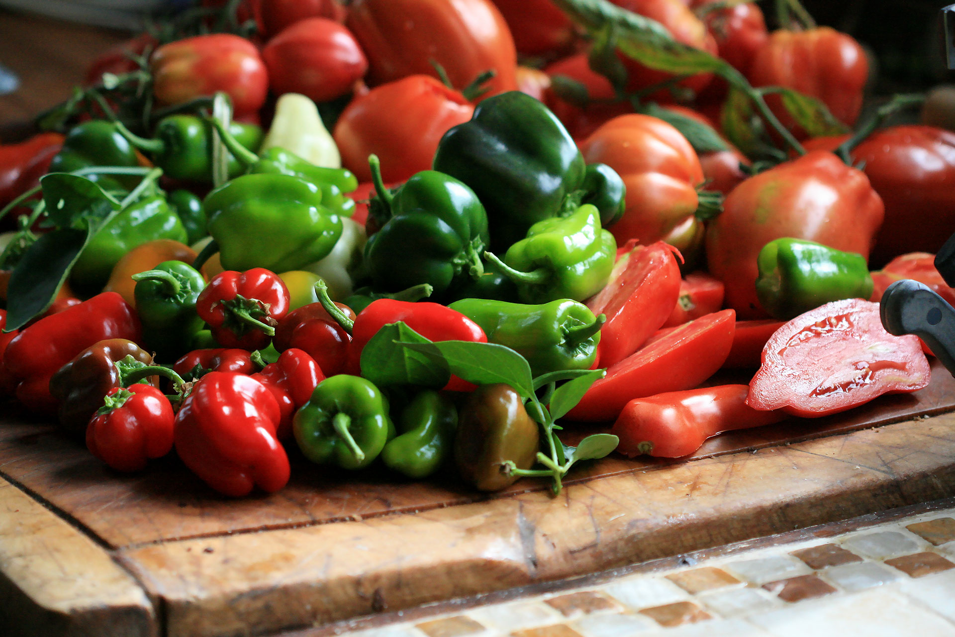 We grow cucumber, tomatoes, peppers, aubergines, French beans, purslane, and basil