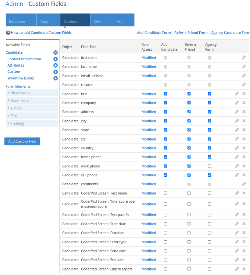 The Jobvite custom fields screen is shown with new custom fields shown, including "coderpad screen: test name" and "coderpad screen: start date".