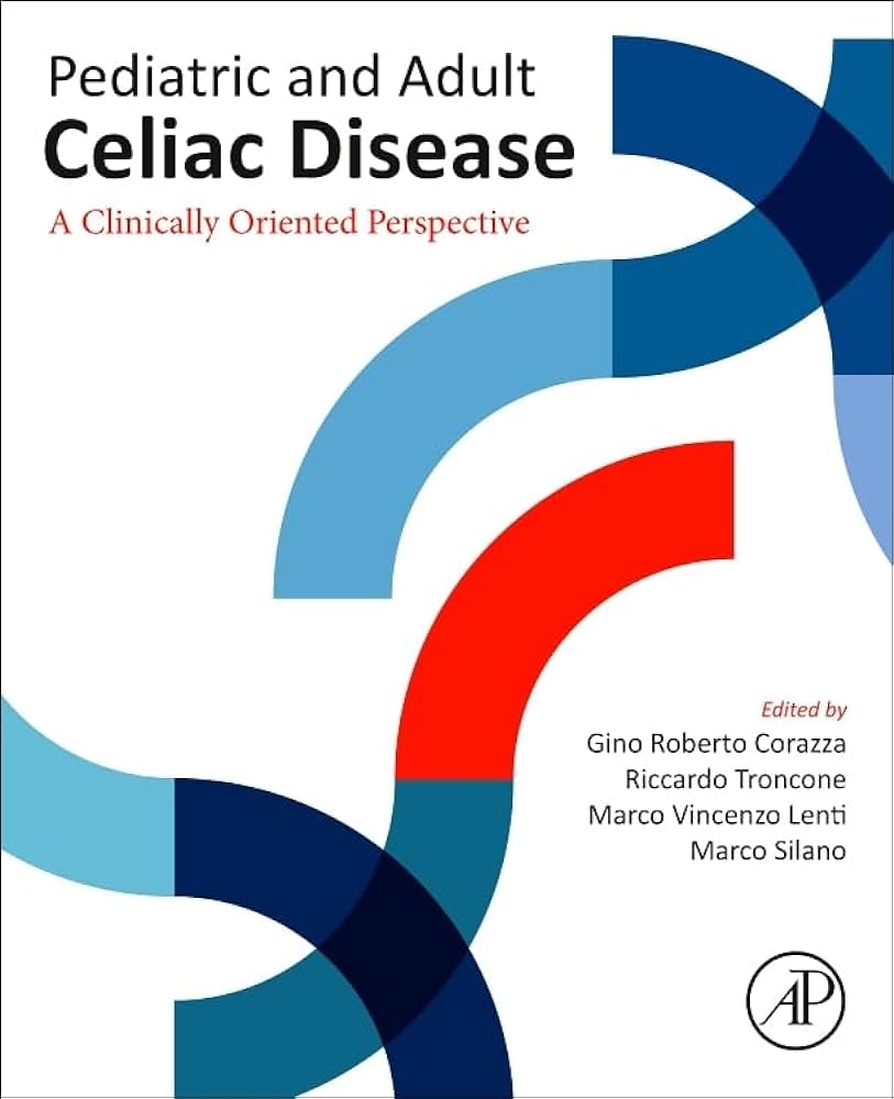 Book cover for 'Pediatric and adult celiac disease: a clinically oriented perspective'. The title is displayed prominently in large text at the top, with the subtitle 'a clinically oriented perspective' shown below in smaller text