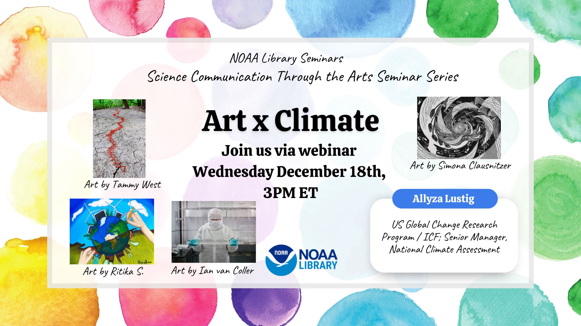 Climate Communication through the Arts seminar series. Art X Climate promotional poster. December 18th at 3 PM Eastern time. 