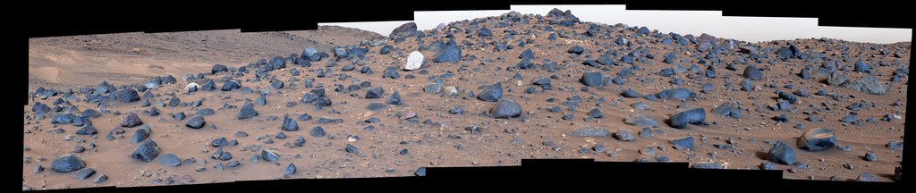 Stitched together from 18 images taken by NASA’s Perseverance rover, this mosaic shows a boulder field on “Mount Washburn” on May 27.