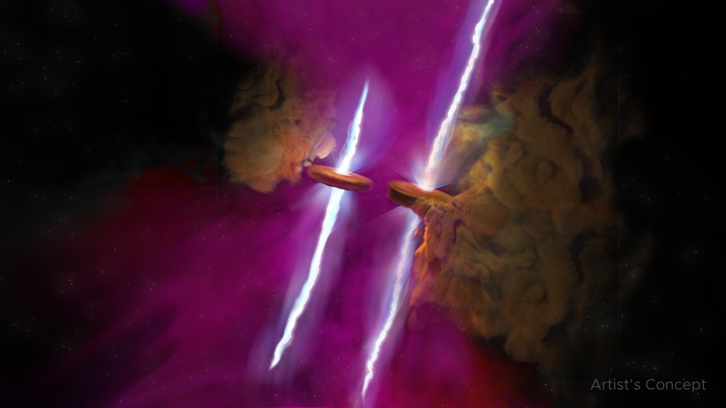 This artist’s concept shows two young stars nearing the end of their formation.