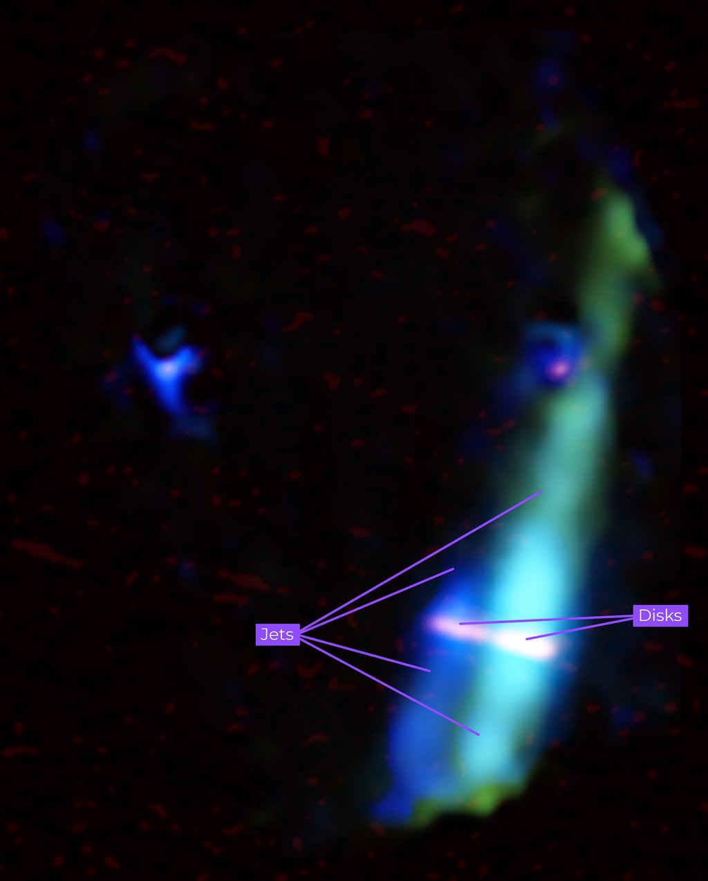 This image of the WL 20 star group combines data from the Atacama Large Millimeter/submillimeter Array and the Mid-Infrared Instrument on NASA’s Webb telescope.