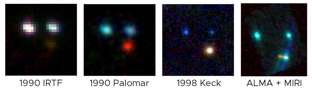 These four images show the WL 20 star system as seen by (from left) NASA’s Infrared Telescope Facility at the Mauna Kea Observatory, the Hale 5.0-meter telescope the Palomar Observatory, the Keck II telescope, and the NASA’s Webb telescope and the Atacama