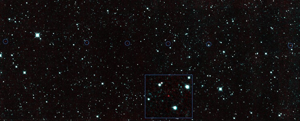 The six red dots in this composite picture indicate the location of the first new near-Earth asteroid, called 2013 YP139, as seen by NASA's NEOWISE.