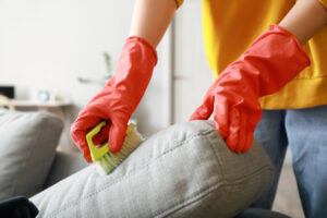 Woman cleaning grey sofa with brush and detergent at home, closeup