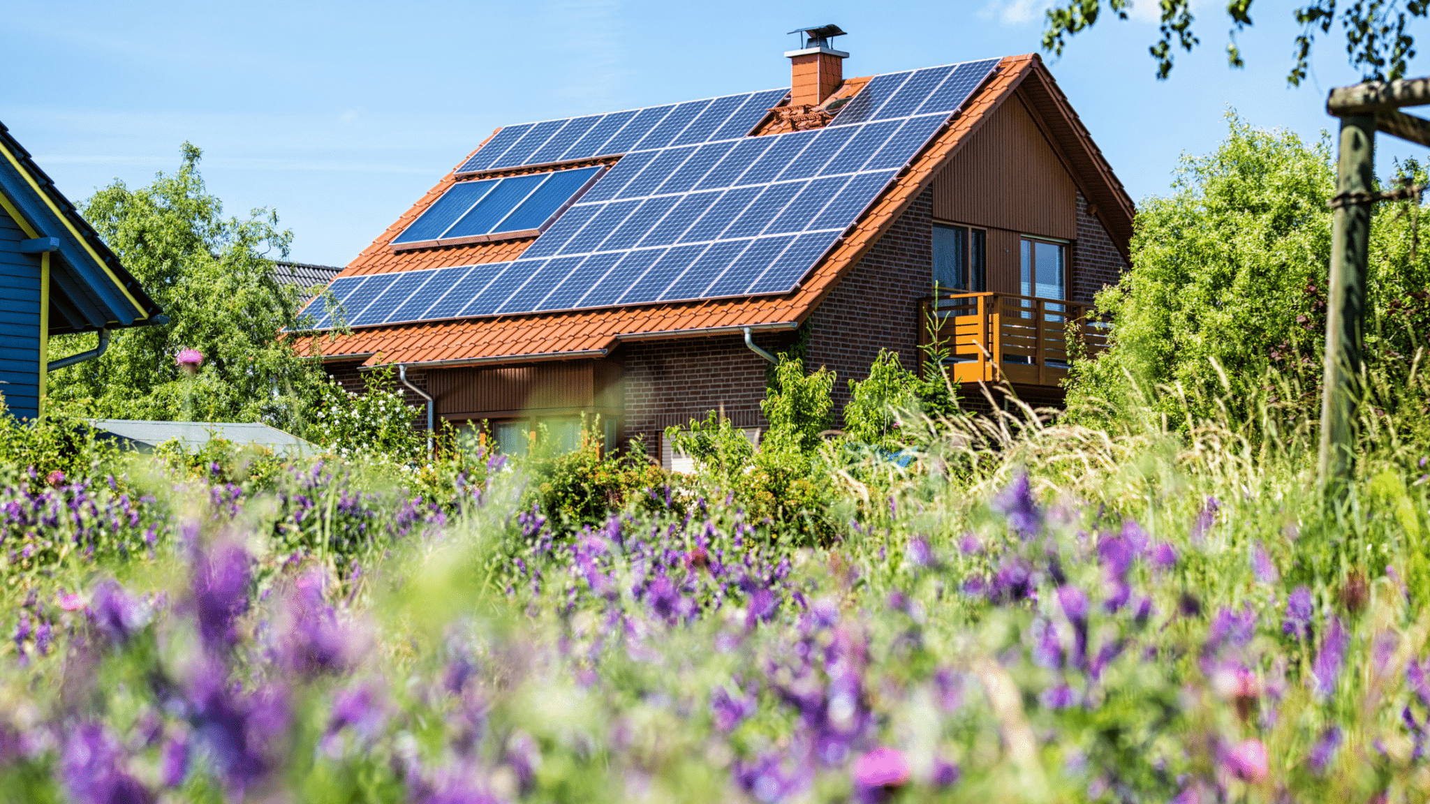 California home in a field of flowers with solar panels installed on the roof at a lower cost using California solar incentive and tax credits.