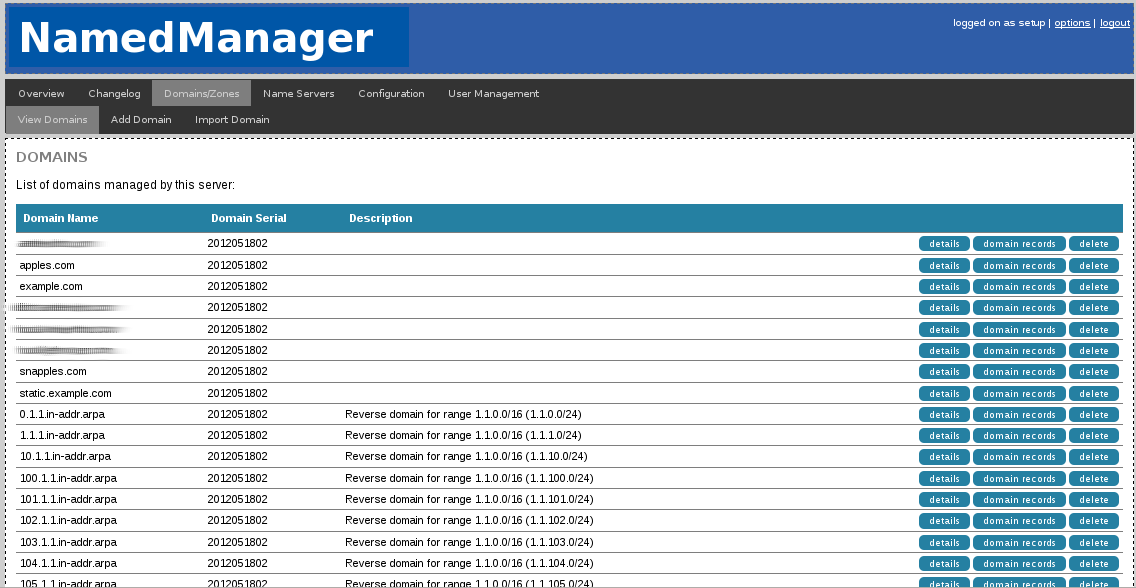 View of all the domains active on this DNS cluster with NamedManager.