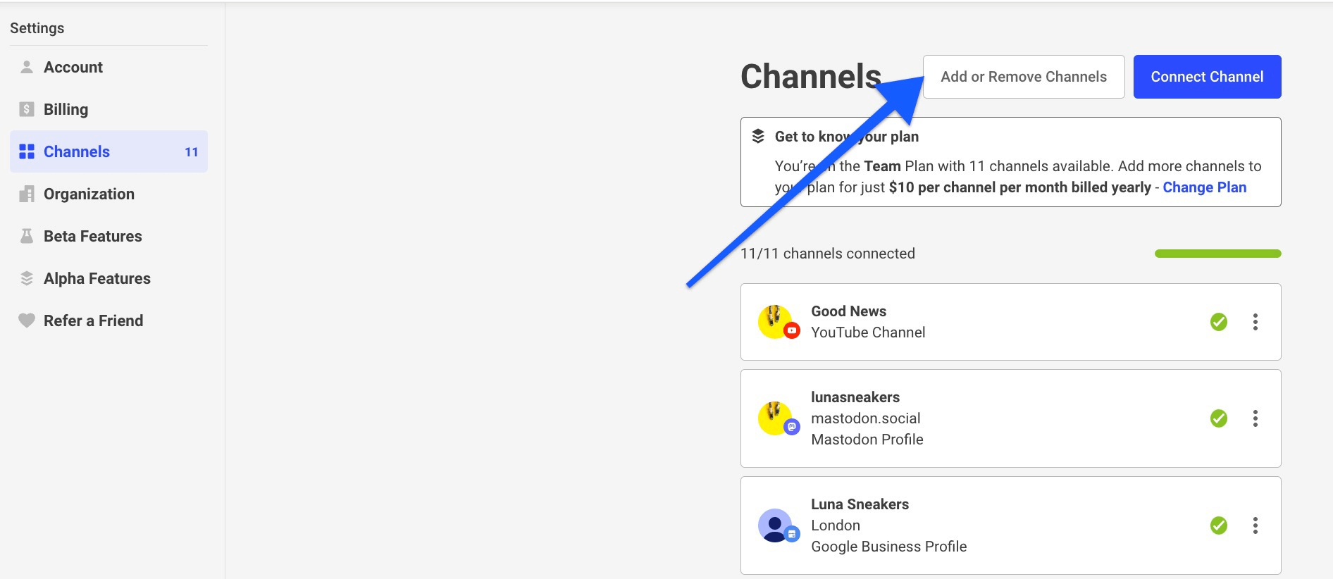 Buffer Channels screen - blue arrow pointing to the Add or Remove Channels button