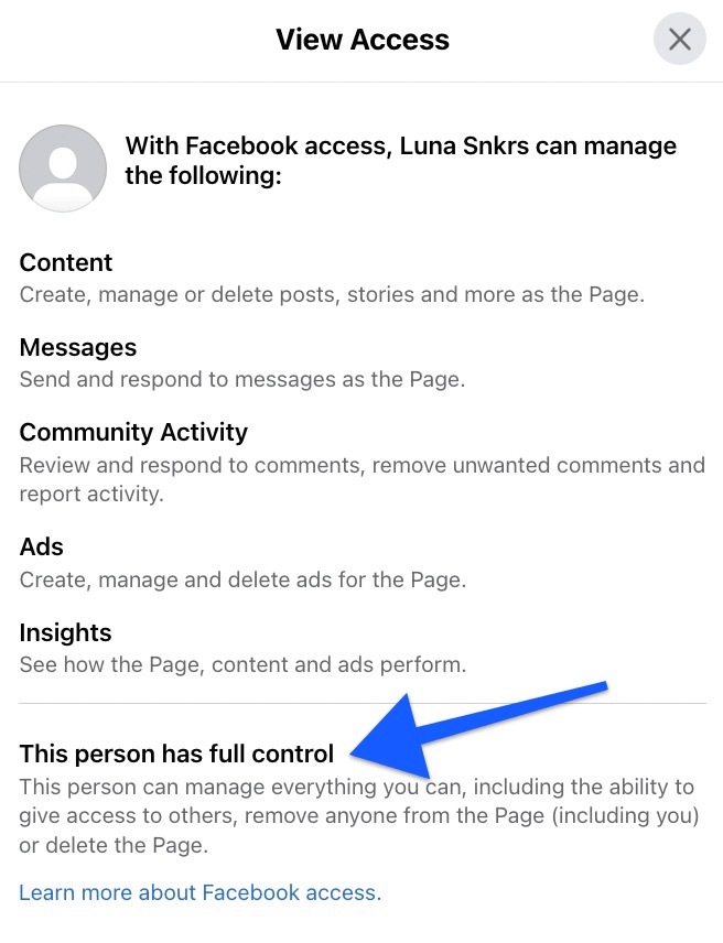 This person has full control - Facebook settings