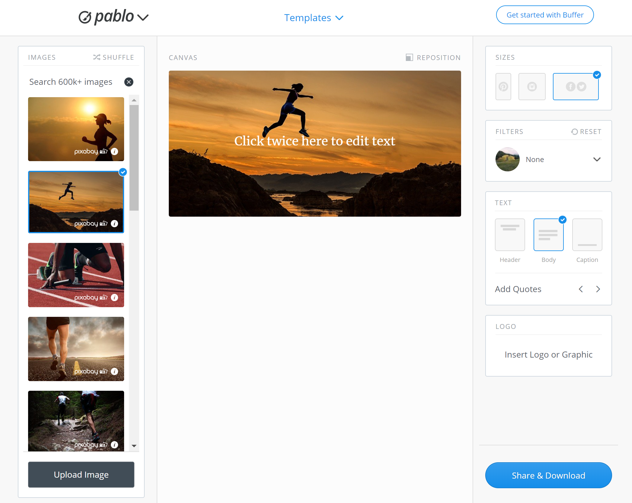 Image of Pablo image creator with an image of a woman jumping over a creek and the words Click twice here to edit over the image