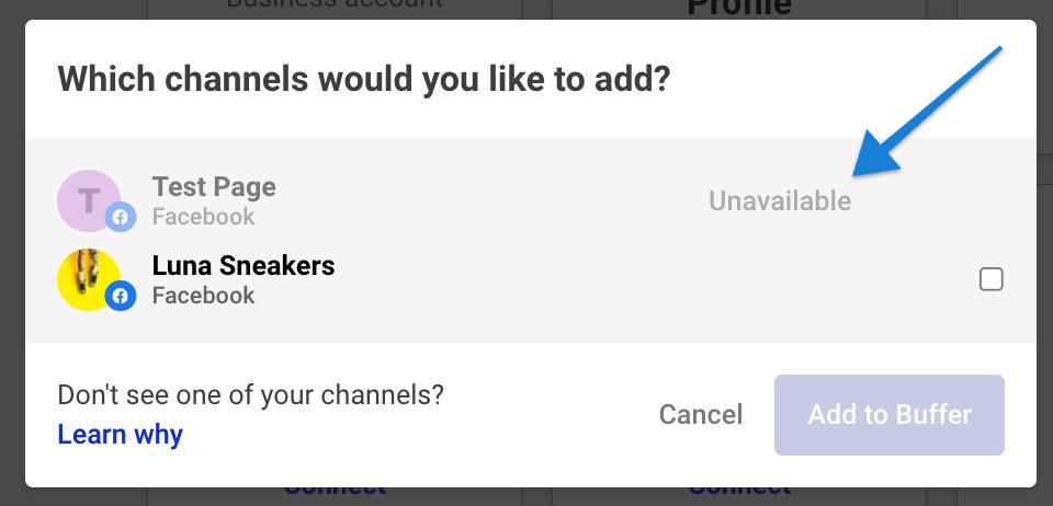 Buffer connections modal showing an unavailable channel