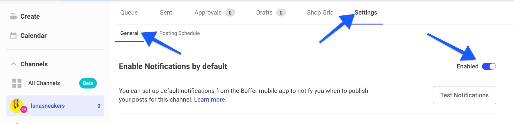 Buffer web Enable Notifications by default setting with Enabled toggled ON