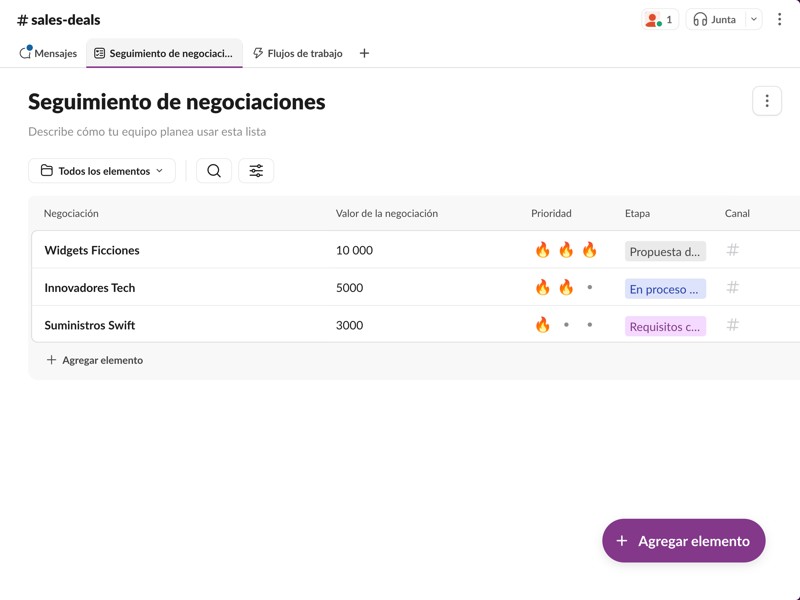 Una forma ligera y colaborativa de compartir el progreso de las negociaciones con todo el equipo. 