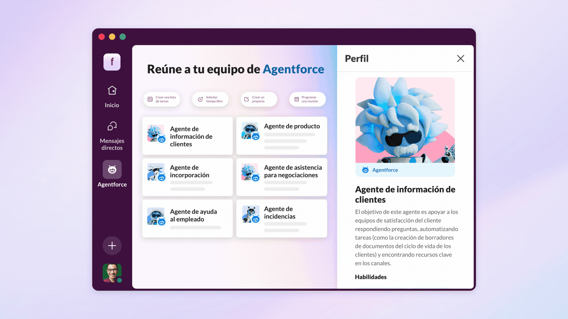 Animación que muestra la interfaz de Slack y un agente de información de clientes activando un canvas de Slack.