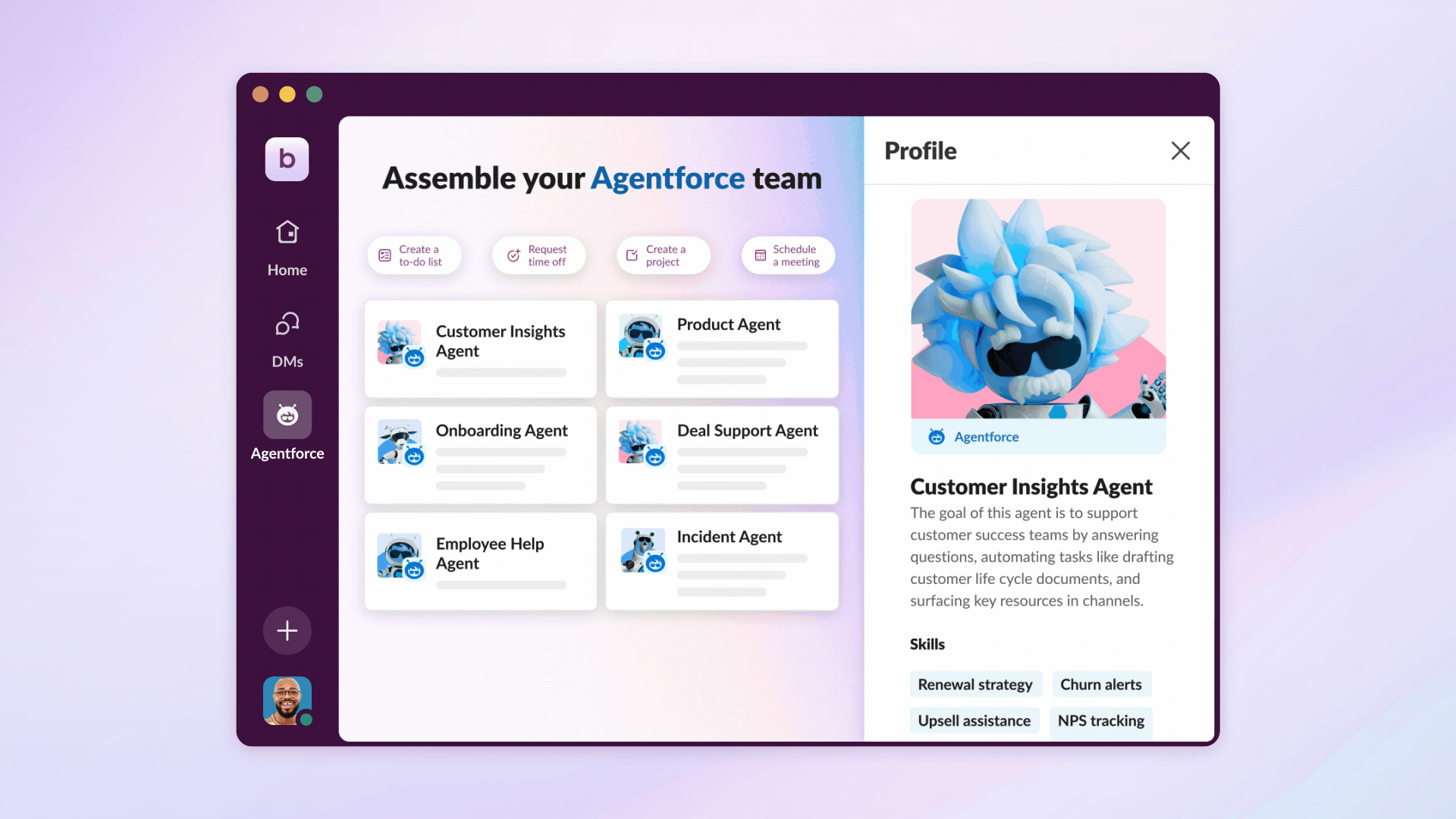 Animation showing the Slack interface and a Customer Insights Agent spinning up a Slack canvas.