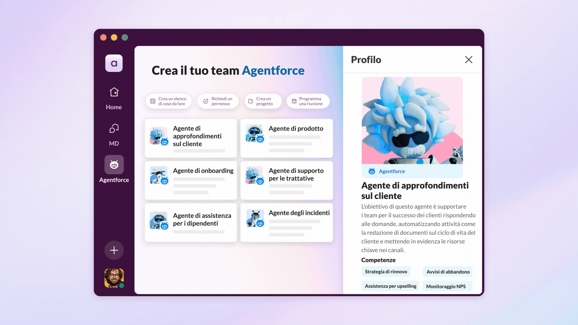 Animazione che mostra l’interfaccia di Slack e un Agente di approfondimenti sul cliente avviare un canvas di Slack.