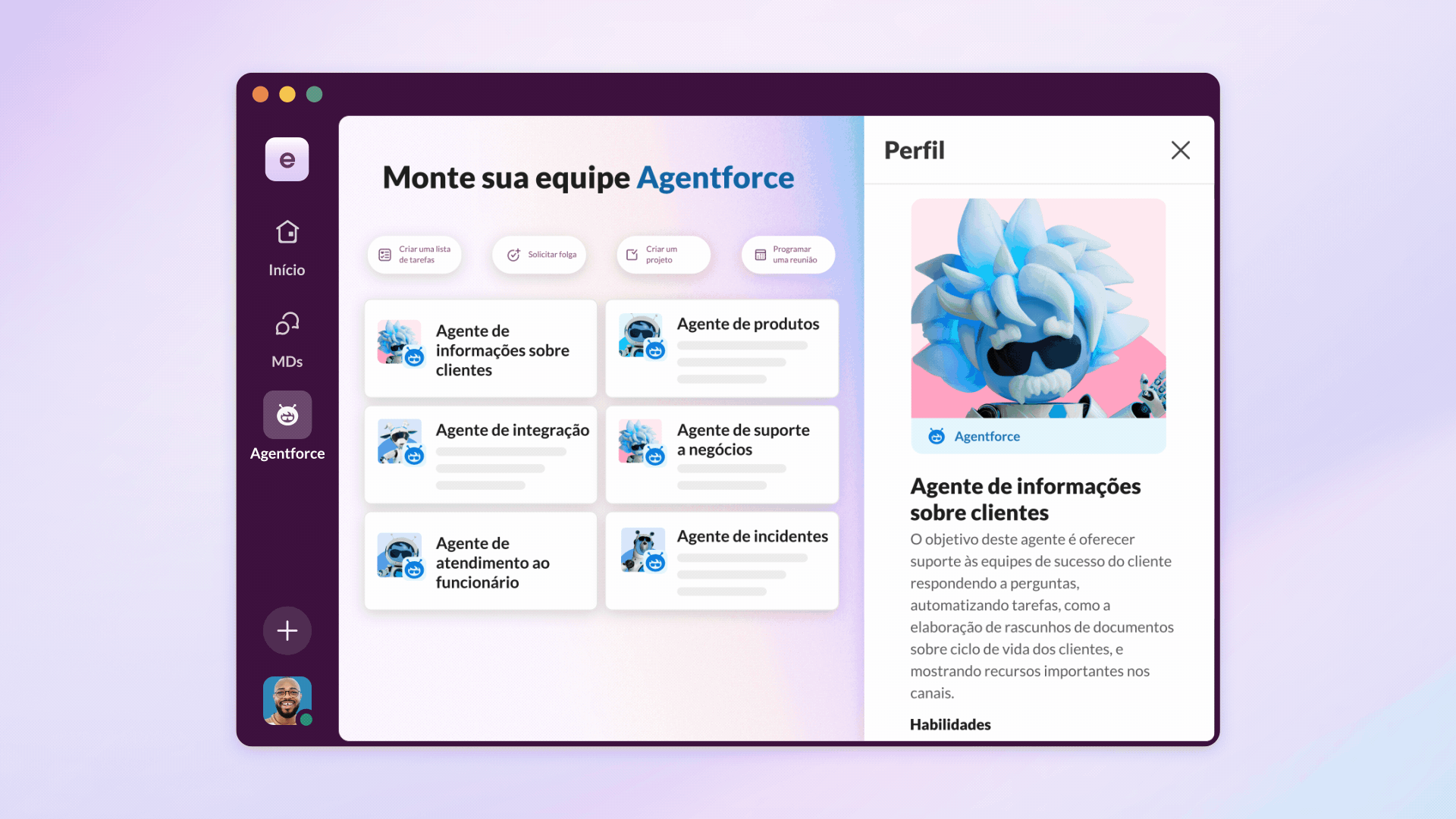 Animação mostrando a interface do Slack e um Agente de informações sobre clientes criando um Slack canvas.