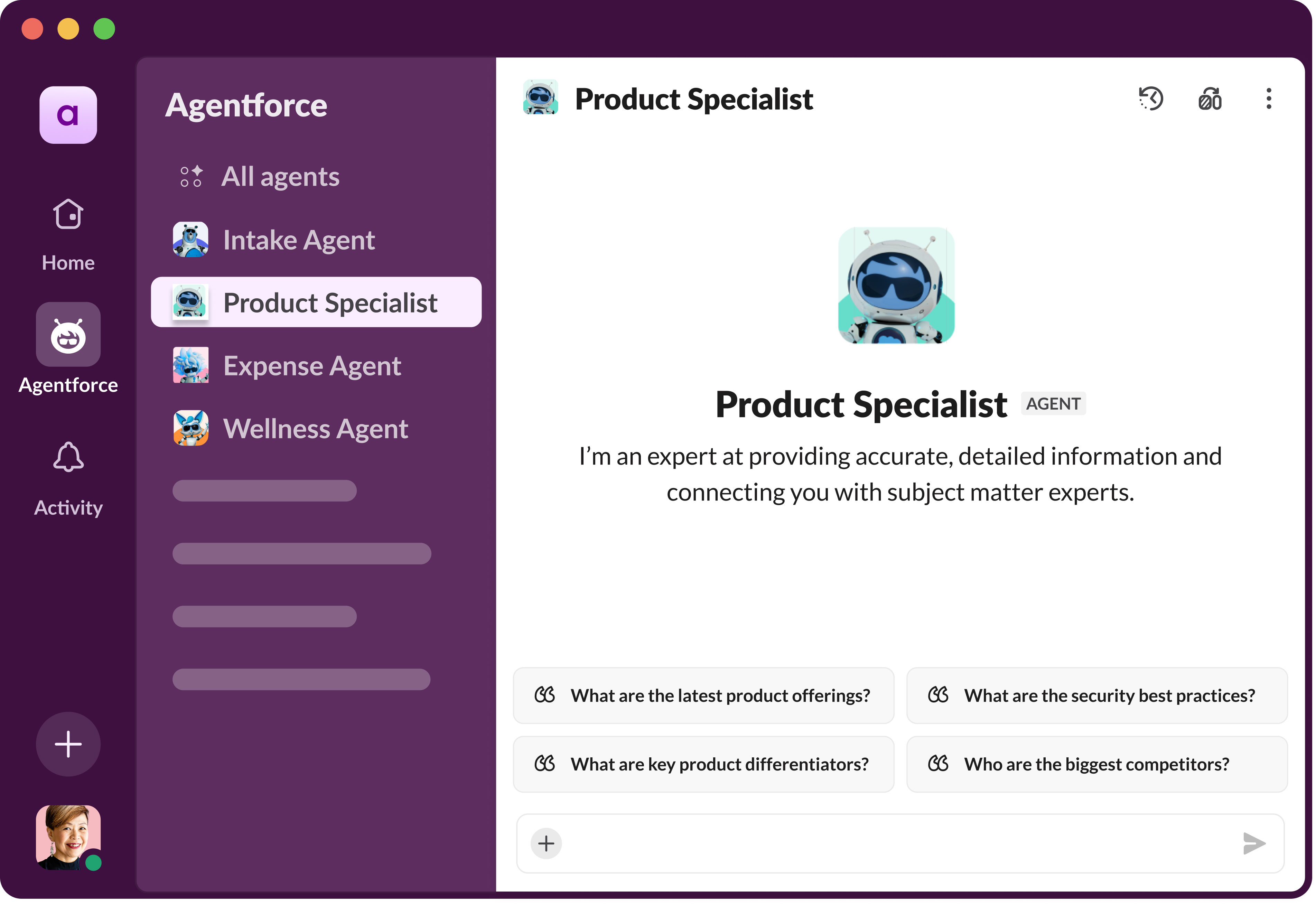 UI of a DM with "product specialist" Agentforce