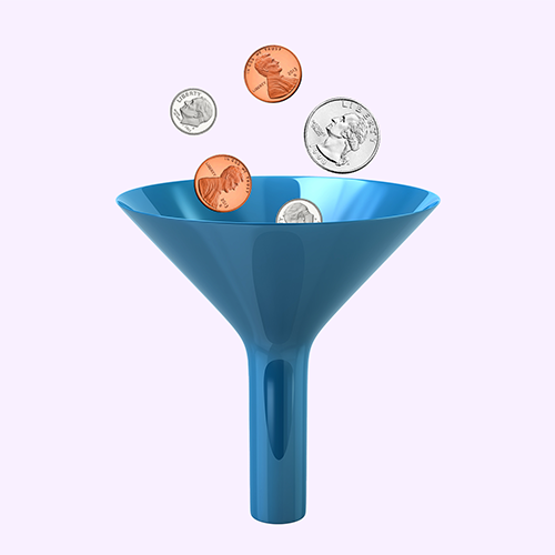 A funnel with pennies, nickels, and dimes being throw into it, symbolizing a sales pipeline.