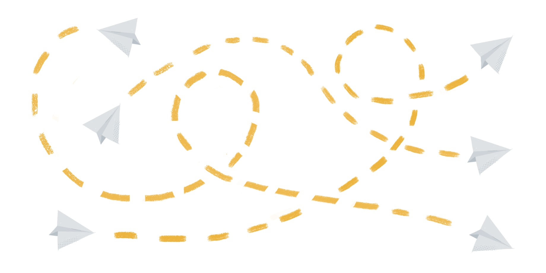 A series of paper airplanes flying around each other, a depiction of fluid, consistent internal communication and information exchange between employees