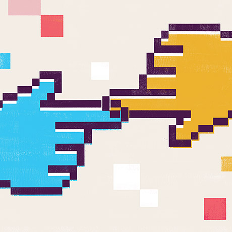 Slack rendering of two hands reaching out in a highly pixelated style