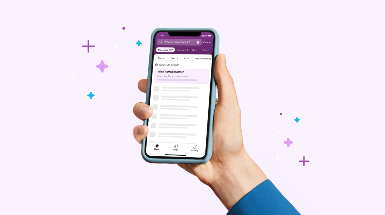 Hand holding a phone with Slack and AI on it representing how to use Slack AI