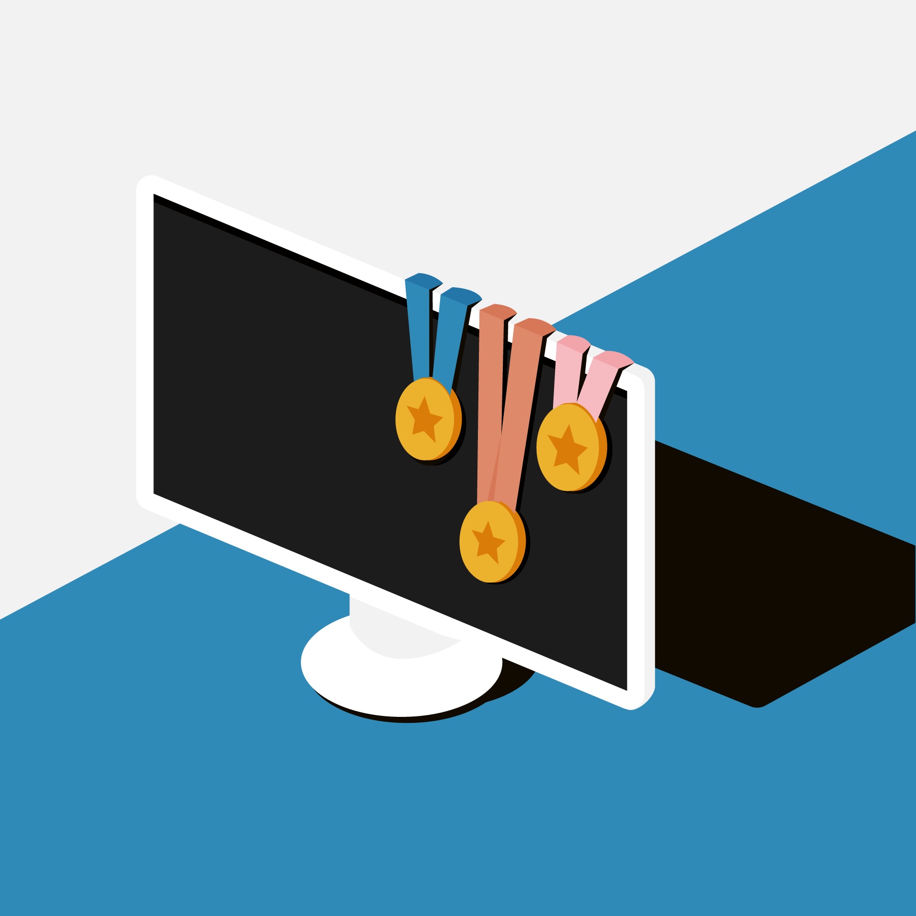 Medaillen hängen über einen Desktop-Computer